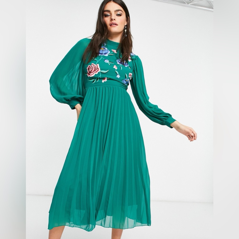 ASOS DESIGN high neck pleated long sleeve skate midi dress w/floral embroidery 2